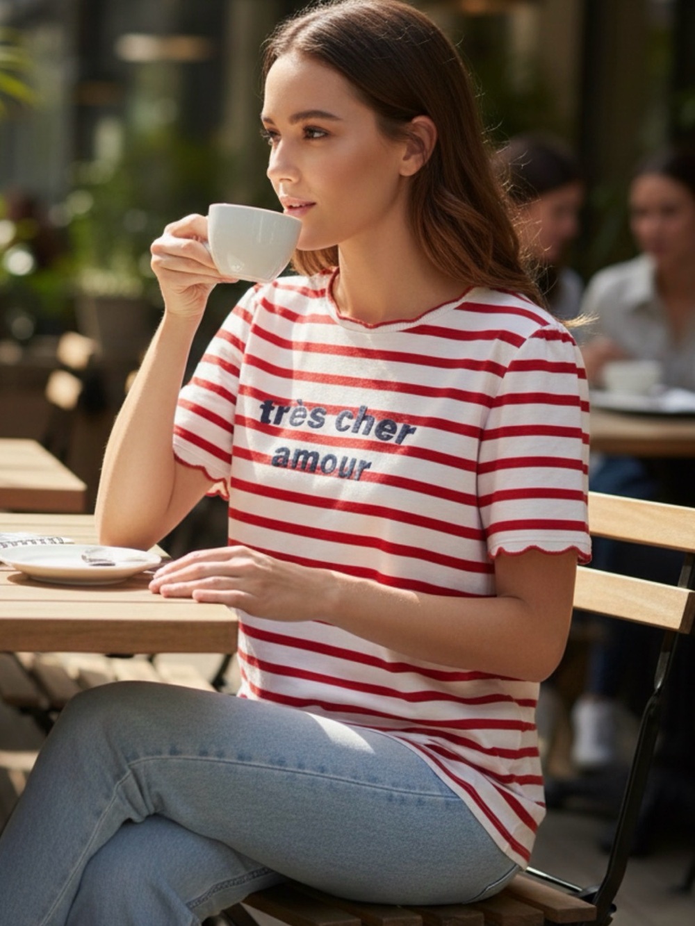 NAF NAF Paris Red & White Striped Tee with Navy 'très cher amour' Print